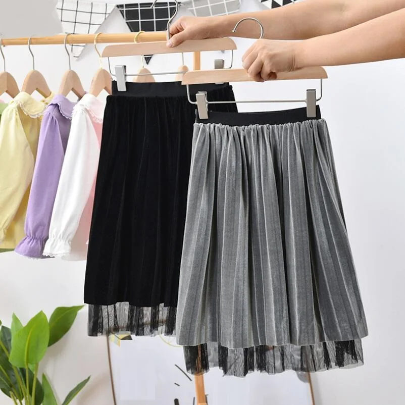 Юбка бархатная плиссированная для девочек однотонная длинная юбка подростков