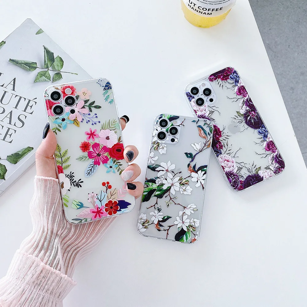 

Flower Transparent Phone Case For iPhone 11 12 Pro Max XR XS Max 7 8 Plus X 11 Pro Soft Back Cover