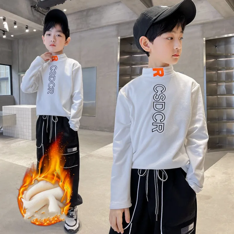

Kids Thick Warm T-shirt New Children Plus Velvet Long Sleeve Tops Fashion Letter Print Cotton Clothes Children Pullover Winter