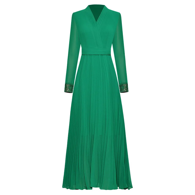 

2021 spring and summer new V-neck long-sleeved lace-up waist stitching pleated large swing mid-length temperament dress
