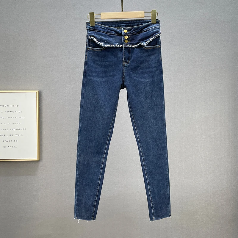 

Обтягивающие джинсы со стразами для женщин, новинка весны 2022, хлопковые эластичные джинсы с высокой талией, повседневные женские темно-сини...