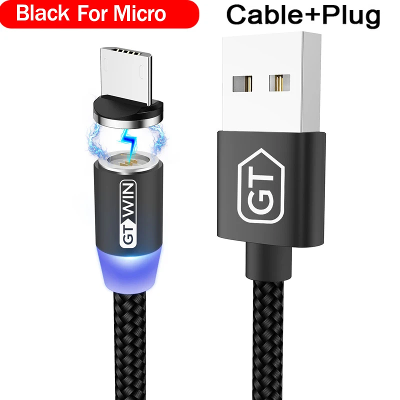 GTWIN 3A Магнитный кабель Micro USB кабель для iPhone Быстрая зарядка usb type C кабель для передачи данных для мобильного телефона Магнитный Шнур зарядное устройство 1 м/2 м - Цвет: For Micro Black