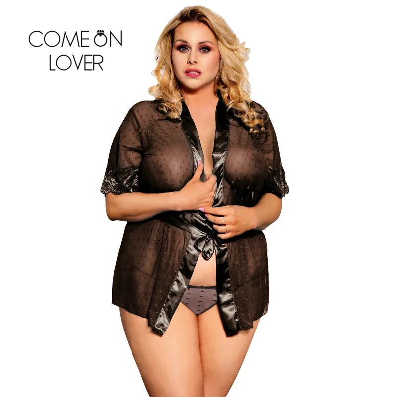 Comeonlover Lace Sleepwear Robe Silk Belt Exotic Night Gown Chemise Patchwork Hot See-through Mesh Sexy Female Plus Size RE80777 |