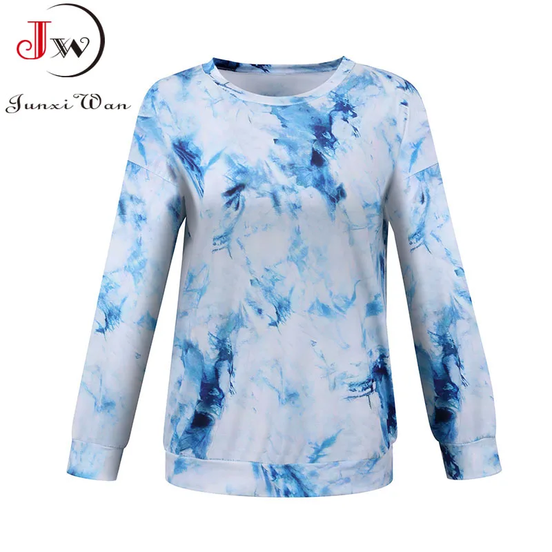 

Женские пуловеры с длинным рукавом, с капюшоном, с круглым вырезом, с принтом красителя, повседневная Элегантная футболка, модные топы на ве...