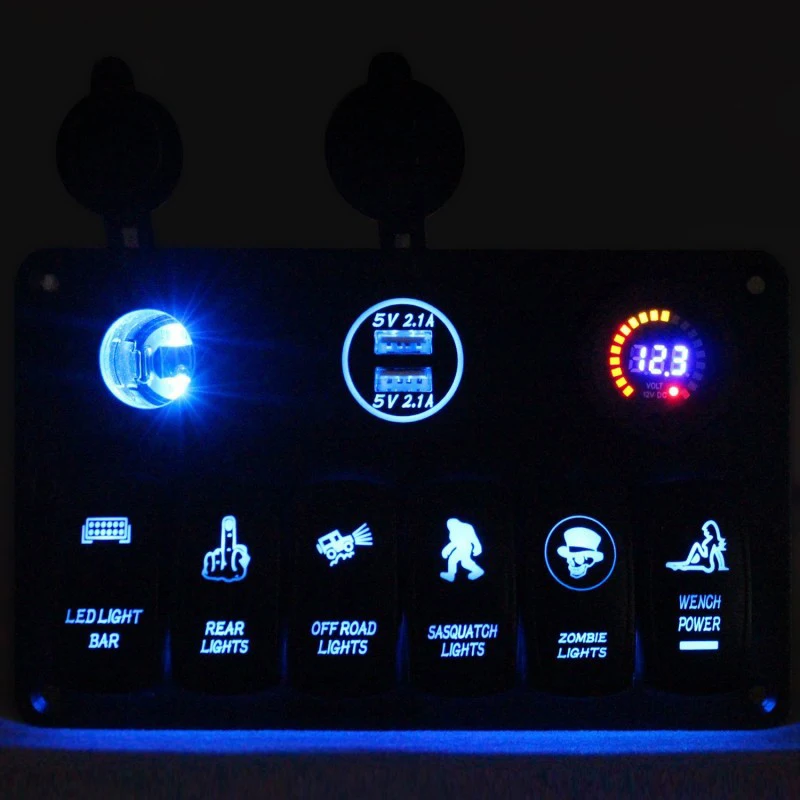 

Dual USB Charging Waterproof 6 Gang Blue LED Rocker Switch Panel Circuit Breaker Socket Car Marine Boat RV