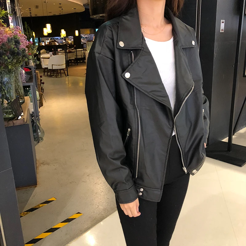 Korean Women PU Leather Jacket Oversized Chic Leather Biker Jacket Women Chaqueta Cuero Mujer Veste Cuir Femme