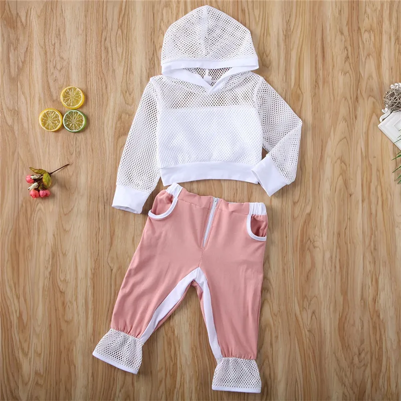 Спортивный костюм для маленьких девочек сетчатые Топы с капюшоном и штаны наряды