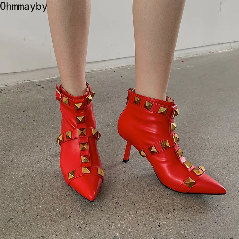 

2021 Women Rivet Ankle Boots Thin Heel Winter Women's Shoes Fashion Zipper Ladies Pointed Toe Chelsea Short Boats
