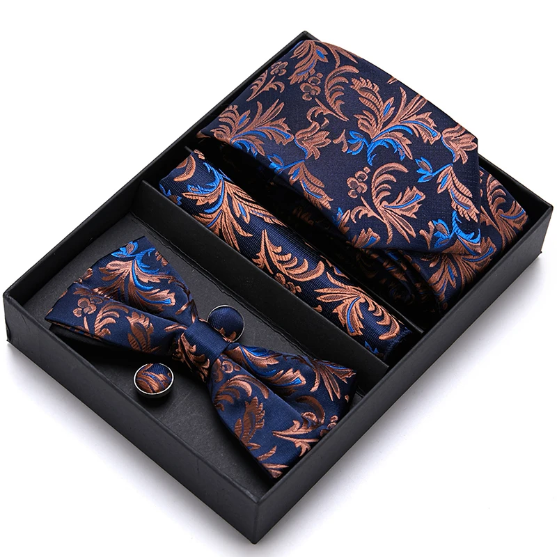 

New Style Luxury Gift Box Tie Bowtie Hanky Cufflinks set for Men Silk Blue Necktie Gravate Handkerchief Fit Group Active