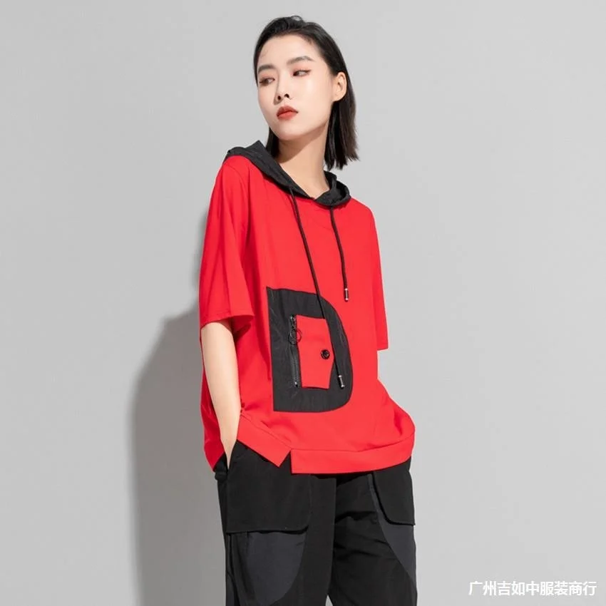 

Summer new women's fashion personalized large hooded short sleeve women's top