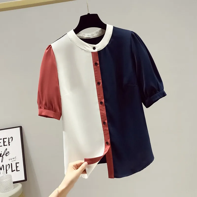 

Women Summer Chiffon Casual Shirts New Arrival 2021 Korean Style Patchwork Color All-match Loose Ladies Elegant Tops W368