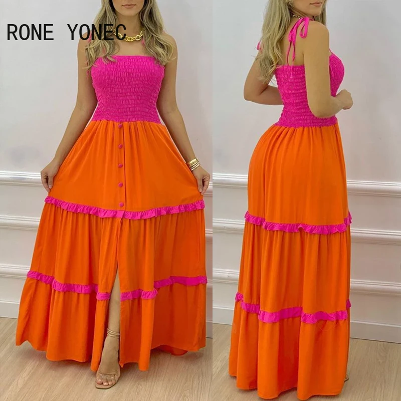 

Women Shirred Frill Hem Buttoned Slit Colorblock Maxi Dress Vacation Dress 2021