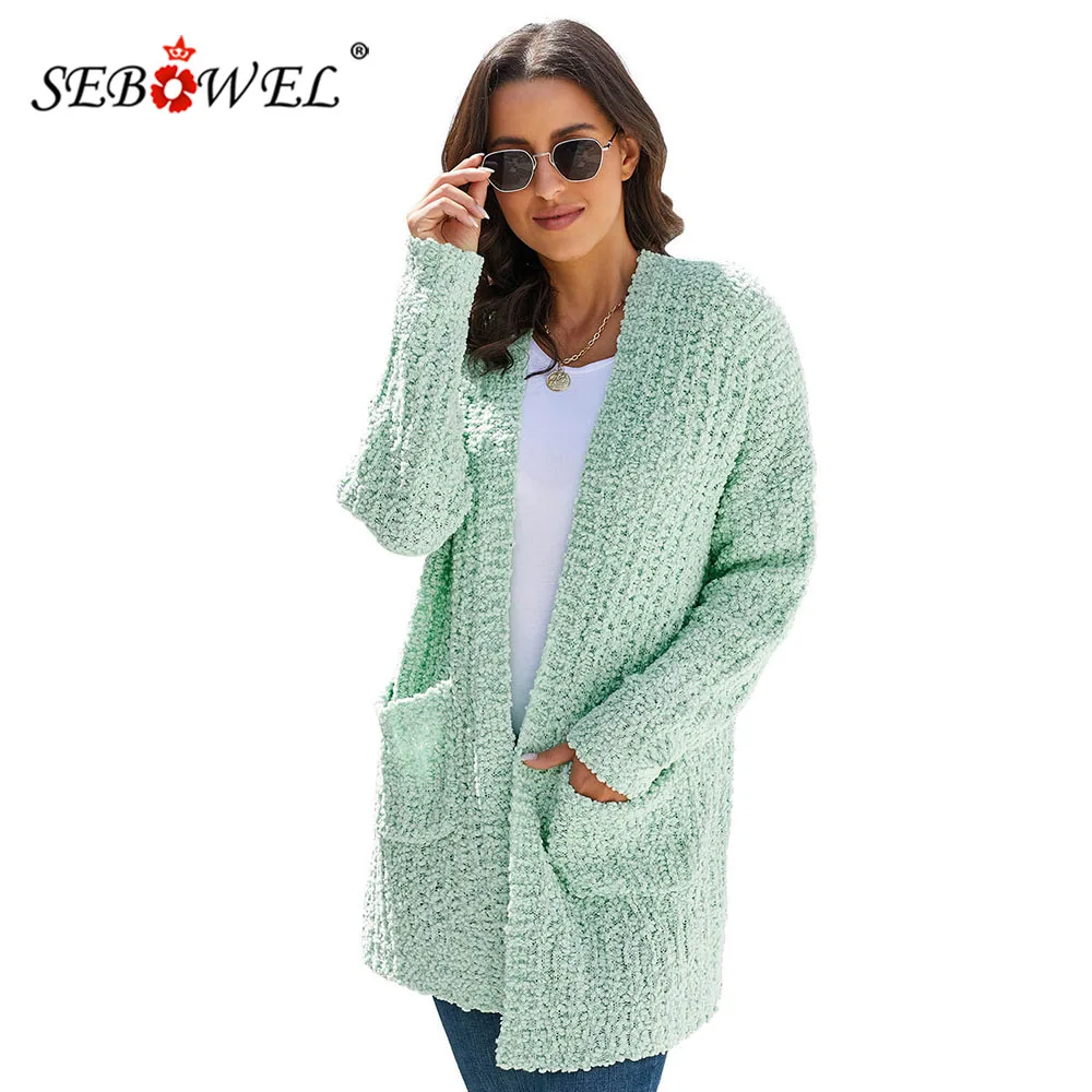 

SEBOWEL Woman's Popcorn Knit Long Cardigan Sweater Knitwear Coat with Pockets Female Loose Cardigans New 2020 Autumn Winter