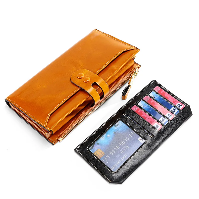 Women's leather long European and American handbag large capacity oil wax wallet | Багаж и сумки