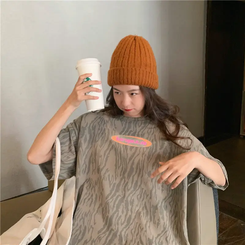 

2021 Zebra Print Short Sleeve Stripe T-shirt Female Design Loose Casual O-neck Korean Women Students All-match Summer Tops
