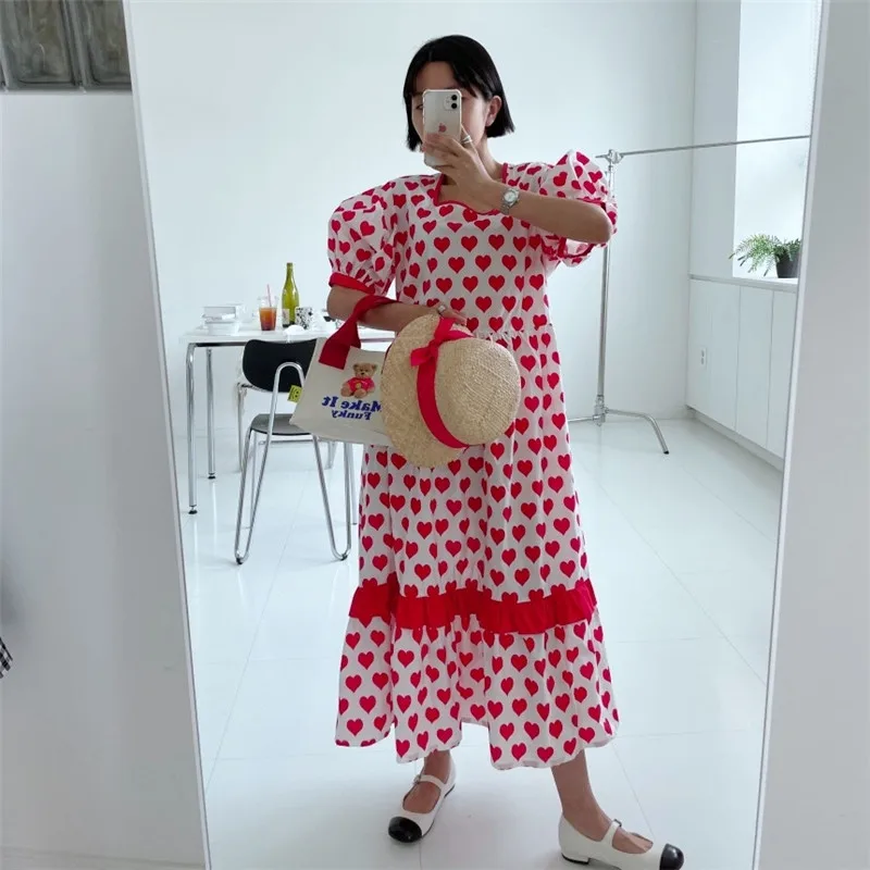 

Loving Square Neck Puff Sleeve Loose Ruffle Dress