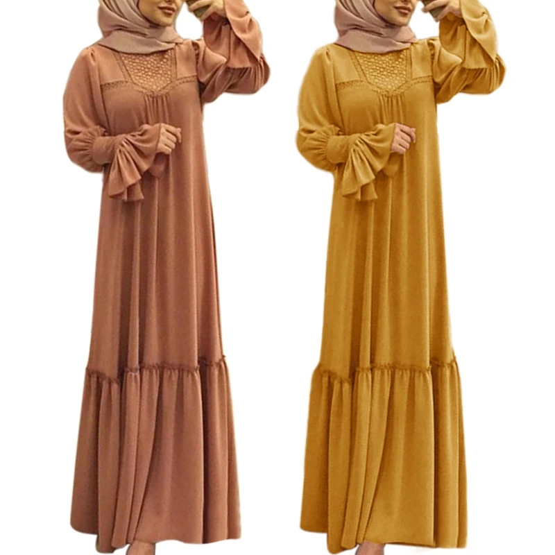 

Women Muslim Plus Size Flare Long Sleeve Maxi Abaya Dress Ruffles Solid Color Loose Turkey Dubai Kaftan Islamic Robe 5XL