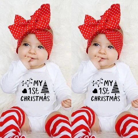 

My First Christmas Newborn Baby Funny Jumpsuit Infant UnisexLong Sleeve Party Jumpsuit Toddler Cute Pattern Playsuit