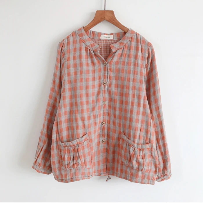 

2020 New autumn Double cotton yarn Women Blouse Japan Style Literary Plaid Stand Collar Long Sleeve Shirt Women