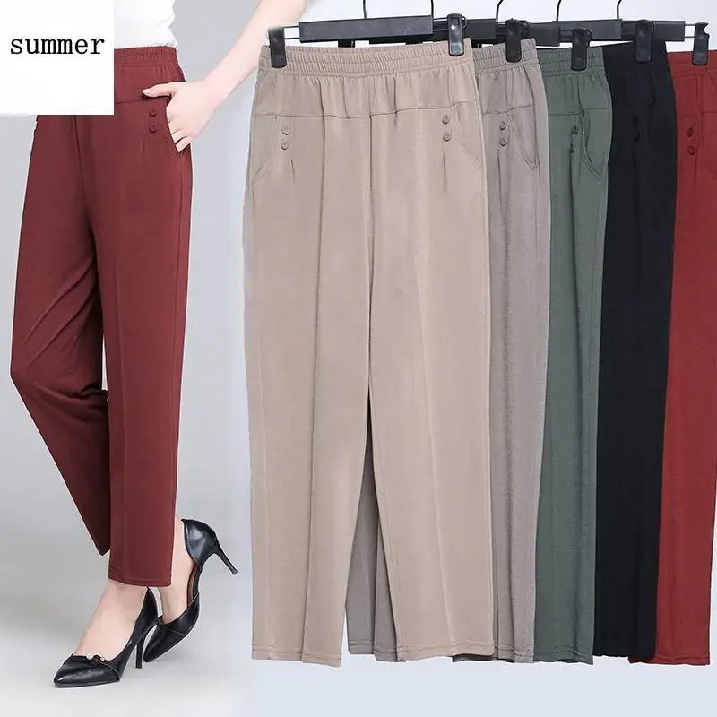 

2020 Middle Aged and Old Women Spring Summer Pant Thin Elastic Waist Loose Cotton Mother Long Trousers Plus Size XL-5XL clothes