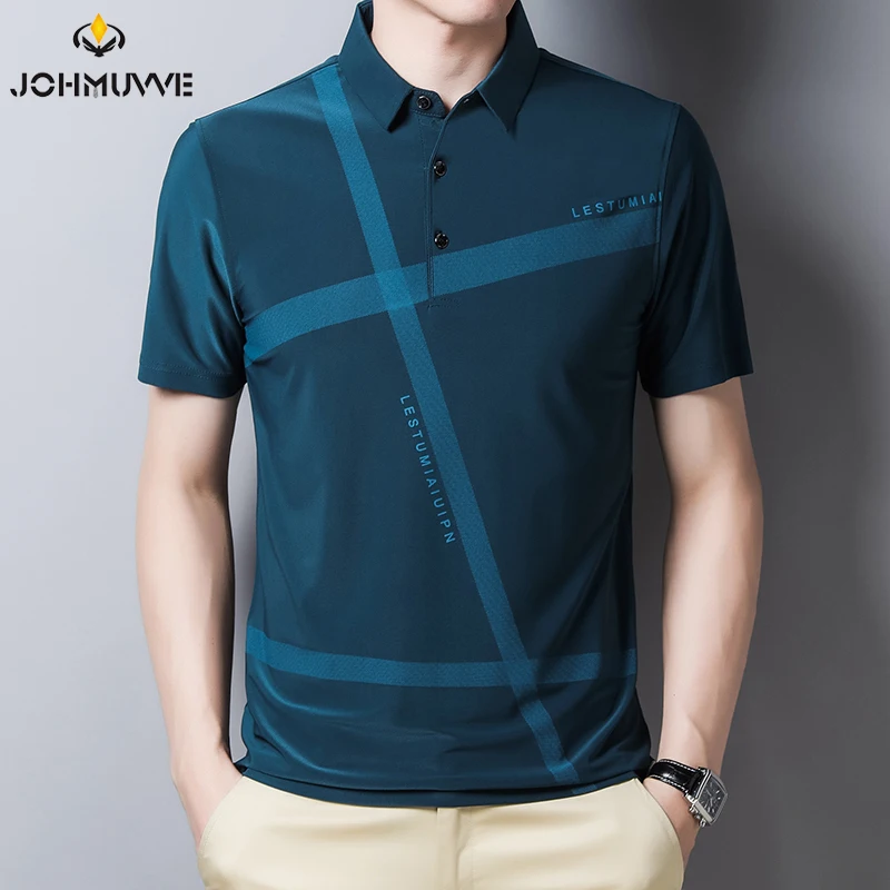 

JOHMUVVE New Striped Polo Shirt Men Pure Cotton Lapel T-shirt Formal Office Casual Business Short Sleeve T-shirt Summer