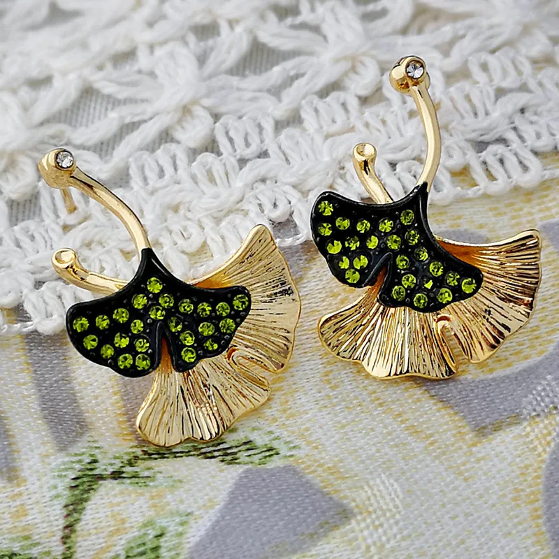 Boho серьги золотого цвета с зелеными кристаллами гинкго билоба двойные листы Висячие серьги для женщин модные ювелирные изделия O3D274