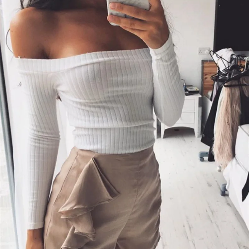 

European Style Sexy Slash Neck White T-shirt Women Cropped Tops Autumn Long Sleeved Halter Top Gril Off the Shoulder T Shirt