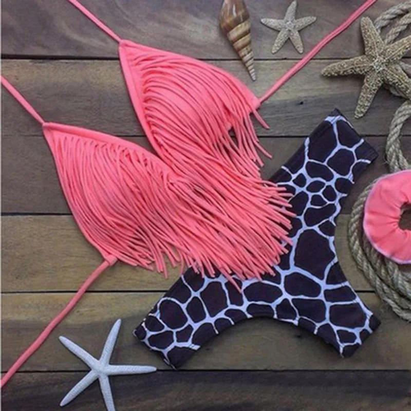

Sexy Bikini Summer Ladies Fringed Small Fresh Bohemian Leopard Fringed Solid Color Youth Shorts Suit Swimsuit