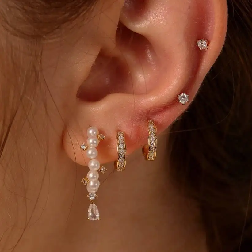 

European and American New Women's Cool Geometric Pearl Drop Diamond Set Ear Stud Ear Stud Set 5-Piece Set