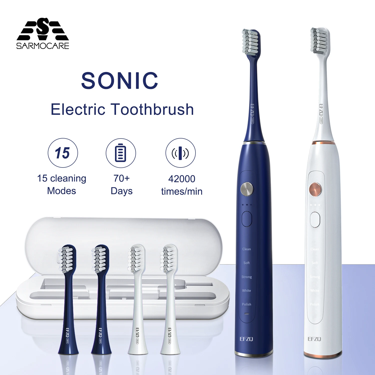 

Sarmocare S700 Electric Sonic Toothbrush Adult Smart Timing Brush 15 Modes USB Fast Charging Toothbrush Replacement Heads Set