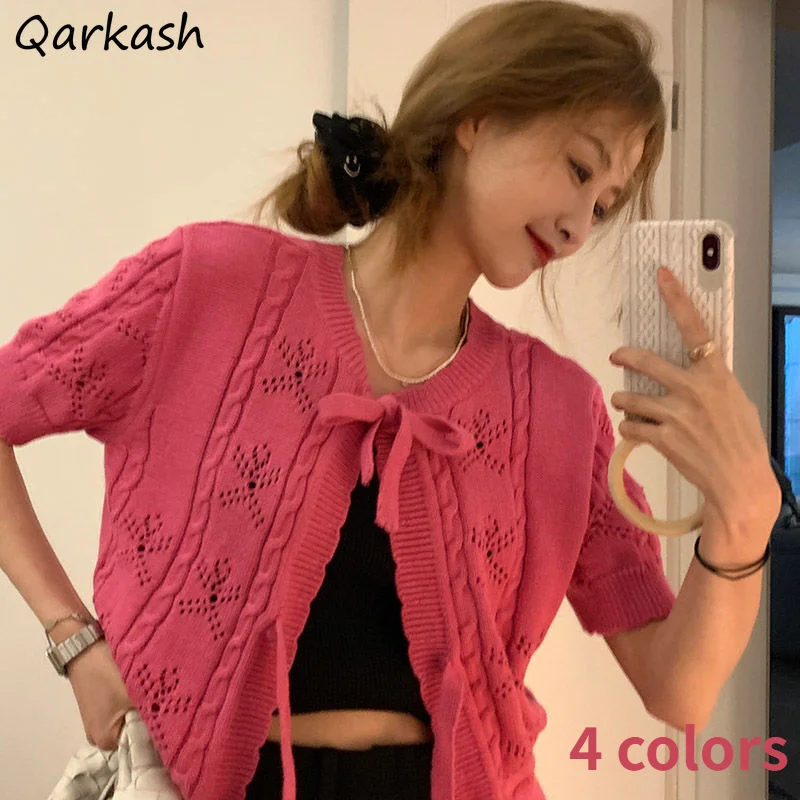 

Sweater Women Fashion Lovely Girls All-match Ins Candy Colors Knit Cardigan Solid Sweet Hollow Out Design O-Neck Summer Tender