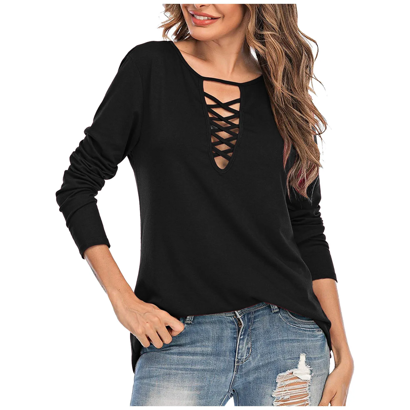 

Women's T-shirt Long Sleeve V-Neck Hollow Sexy Tops T-Shirt 2021 New British Style Ladies Solid Color Top Comfortable Loose Tops
