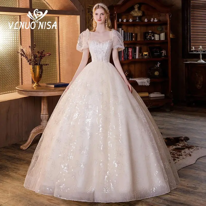 

Real Video Champagne Lace Wedding Dress Puff Sleeve French Flash Sequined Large Bride Ball Gowns Robe De Mariee Plus Size