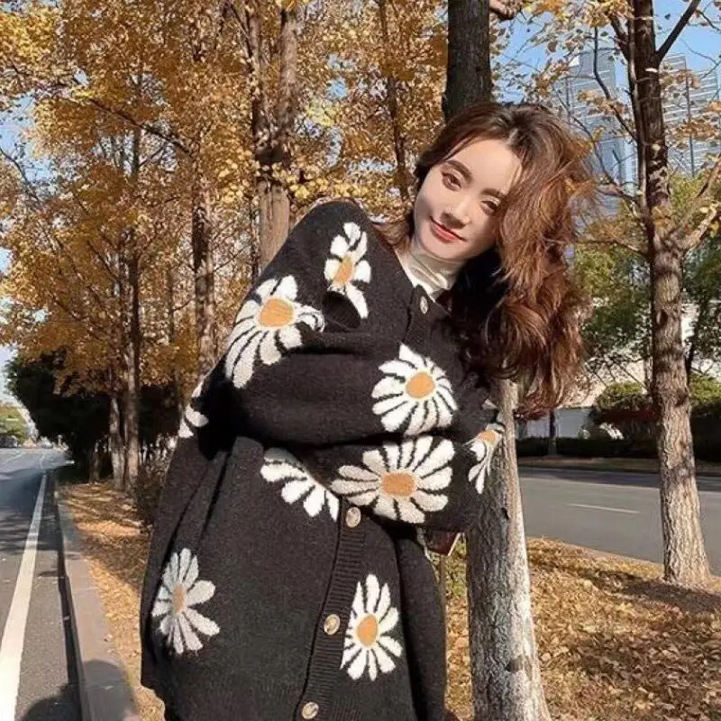 Женский вязаный кардиган с цветочным принтом маленькая Маргаритка Осенний