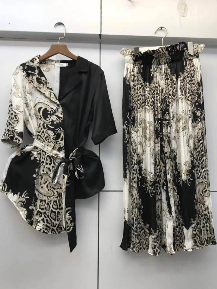 

Contrast color irregular bandage waist waist shirt two-piece suit ladies summer new + elastic waist wide-leg pants fashion suit