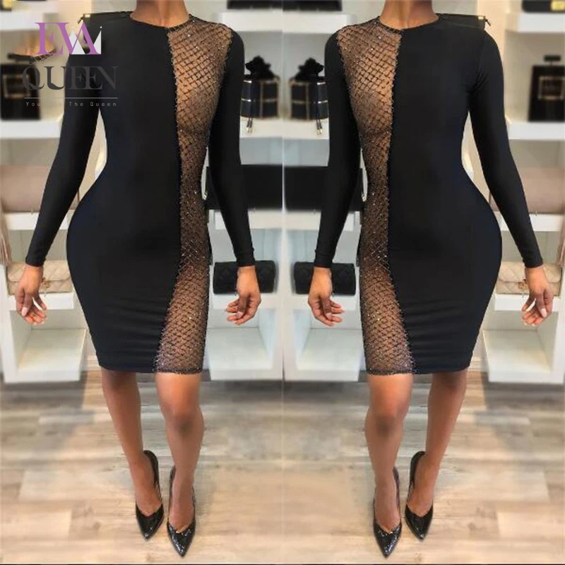 Женское ажурное платье EvaQueen черное с блестками и длинным рукавом|Женские платья|