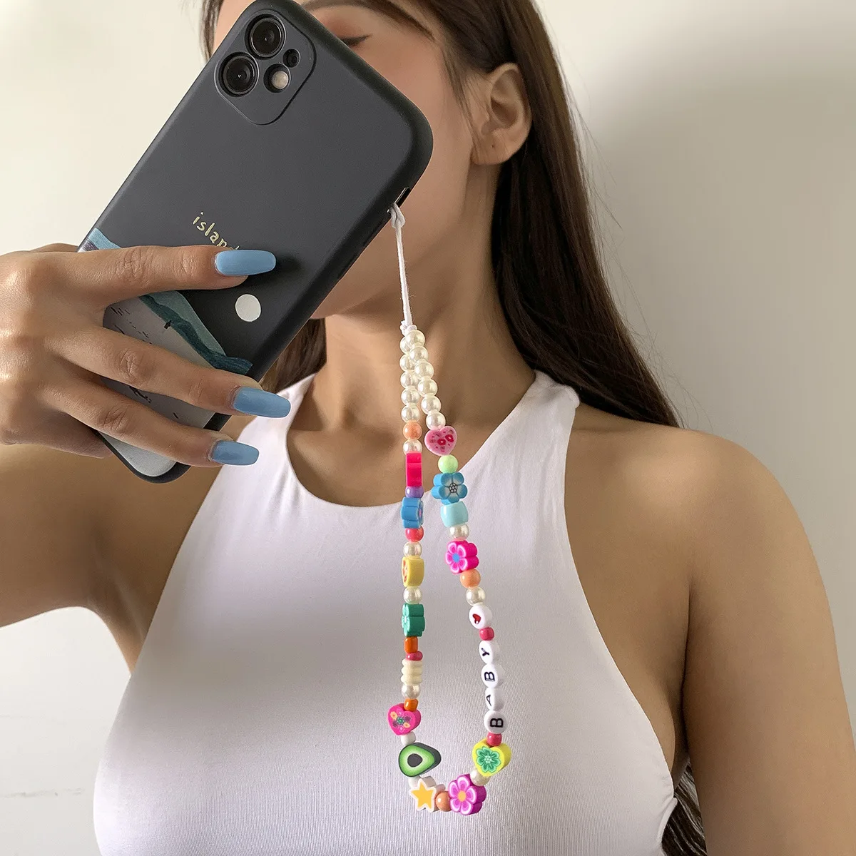 Ins Woven Smile Love Letter Beaded Anti-lost Phone Chain Soft Ceramic Lanyard Charm Strap Mobile For Girls Phone Choker Keys