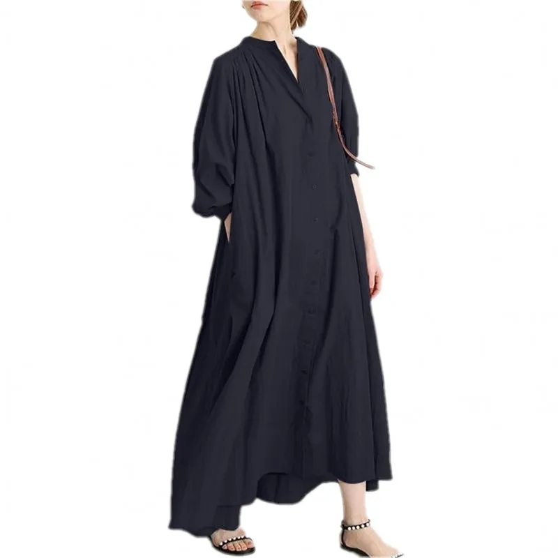 

African Long-Sleeved Dress Casual Womens Loose Stand-Up Collar Retro Long Skirt 2021 Autumn Solid Color Cotton Linen Muslim Robe