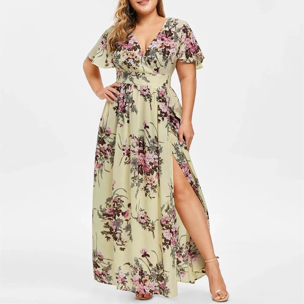 

Женское летнее платье макси большого размера 2021, шифоновые туники с коротким рукавом и цветочным принтом для вечерние, платье 5XL с разрезом ...