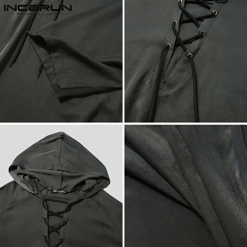 

2021 Men Casual Sets Hooded Half Sleeve Lace Up T Shirts Drawstring Shorts Korean Loose Solid Color Streetwear Men Suits INCERUN