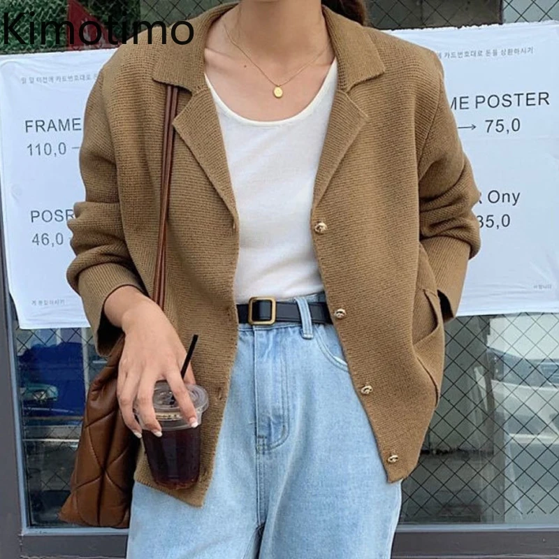 

Kimotimo Cardigan Women Korean Ins Vintage Notched Collar Metal Button Jacket Autumn Winter Simplicity Long Sleeve Sweater Coat