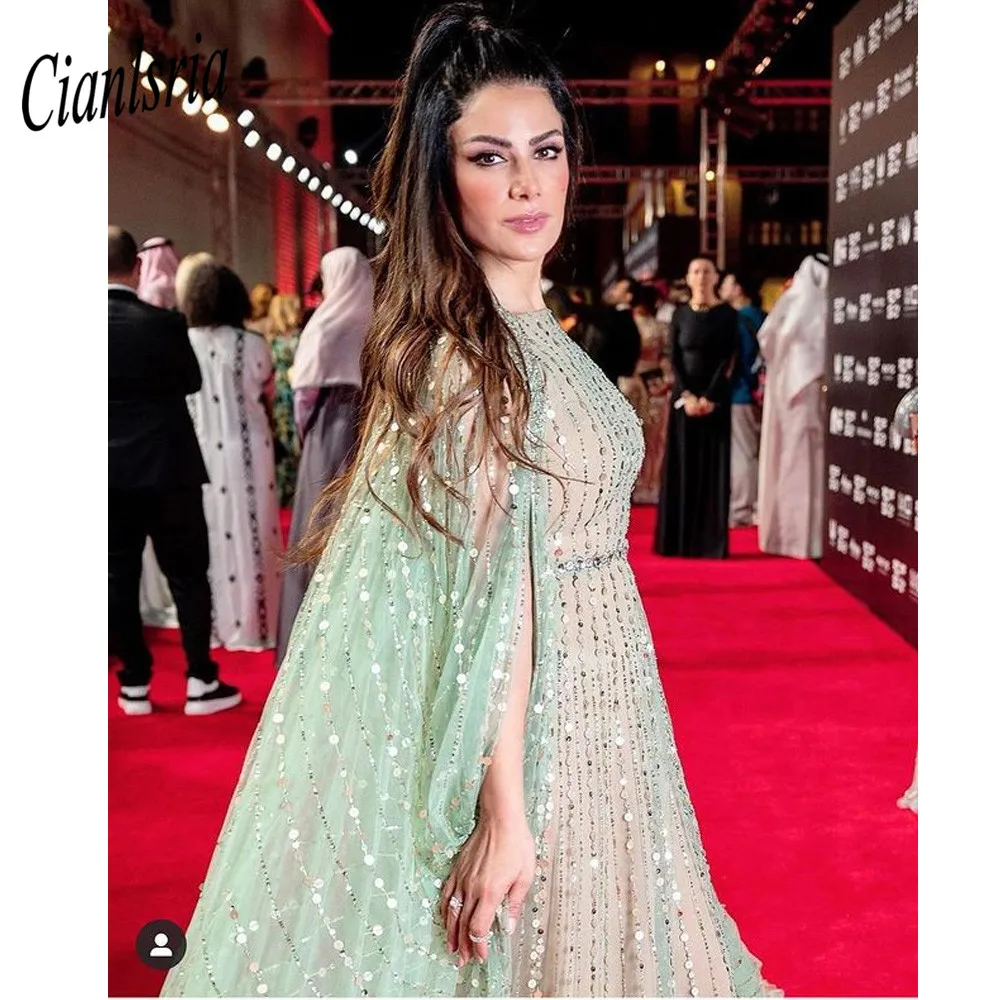 

Dubai Arabia Luxury Cape Sleeves Beading A-Line Evening Dresses 2022 Formal Dress Gowns