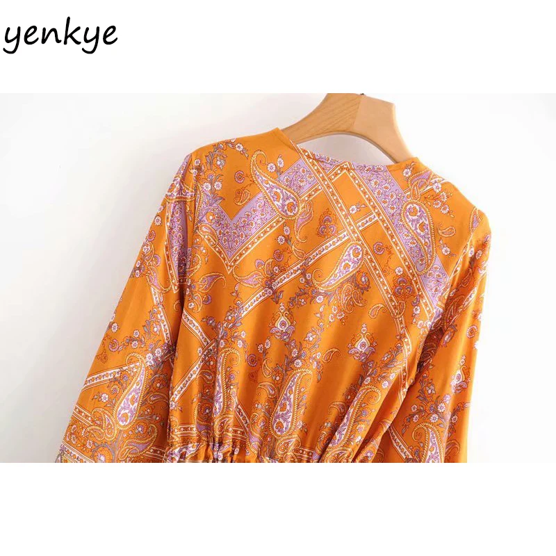 

Holiday Summer Dress 2020 Women Vintage Floral Print V neck Dress Female Long Sleeve Drawstring Waist A-line Casual Long Dress