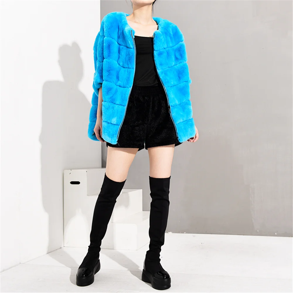 Женское пальто из натурального меха TOPFUR бирюзовое кролика Рекс зимняя шуба