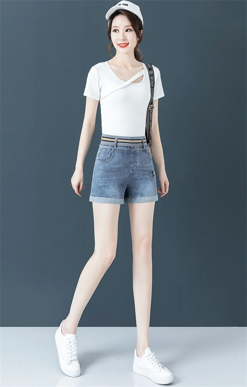 

High Waist Denim Shorts Women's Summer 2021 New Loose Casual Slimming Plus Size Elastic Waist Wide Leg Pants Fashion Commuter