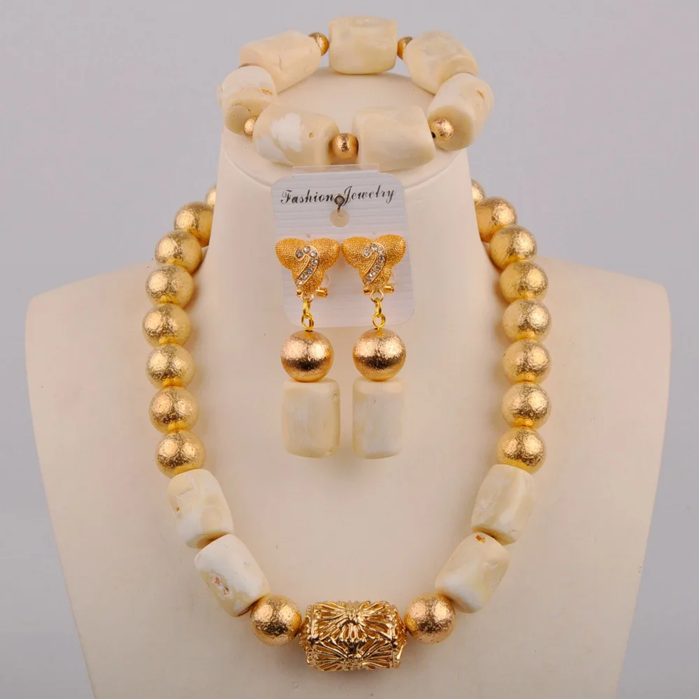 Белые бусины Натуральный Коралл свадебное ожерелье браслет серьги набор костюм