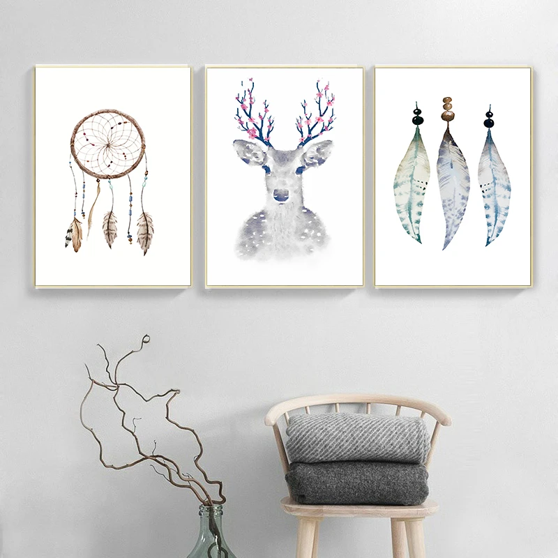 Racial Characteristics Dream Catcher Feather Ring Deer Animal Canvas Painting Art Print Poster Picture Wall Modern Home Decor | Дом и сад