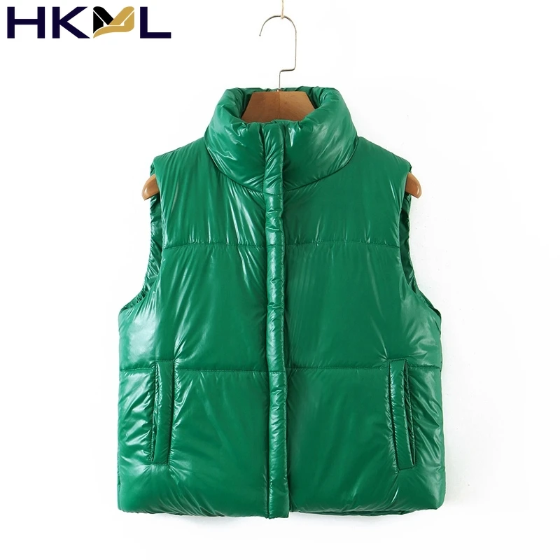 

Women Jacket Waistcoat Female Sleeveless Jacket Pocket Vest Cotton 2021 Winter Green Zipper Vest