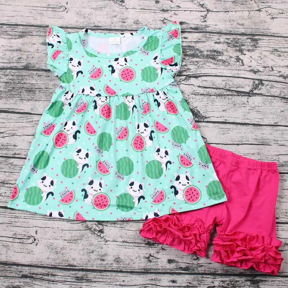 

2020 Summer design baby girls children hot sale flying sleeves O-neck tunic solid color shorts 2pcs outfits clothing clothes