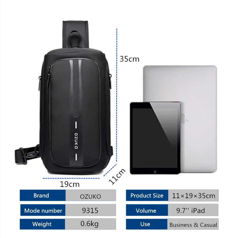 

OZUKO Crossbody Messenger Bag USB Charging Multifunction Men Chest Bag Anti-theft Male Sling Bags Waterproof Outdoor Chest Pack